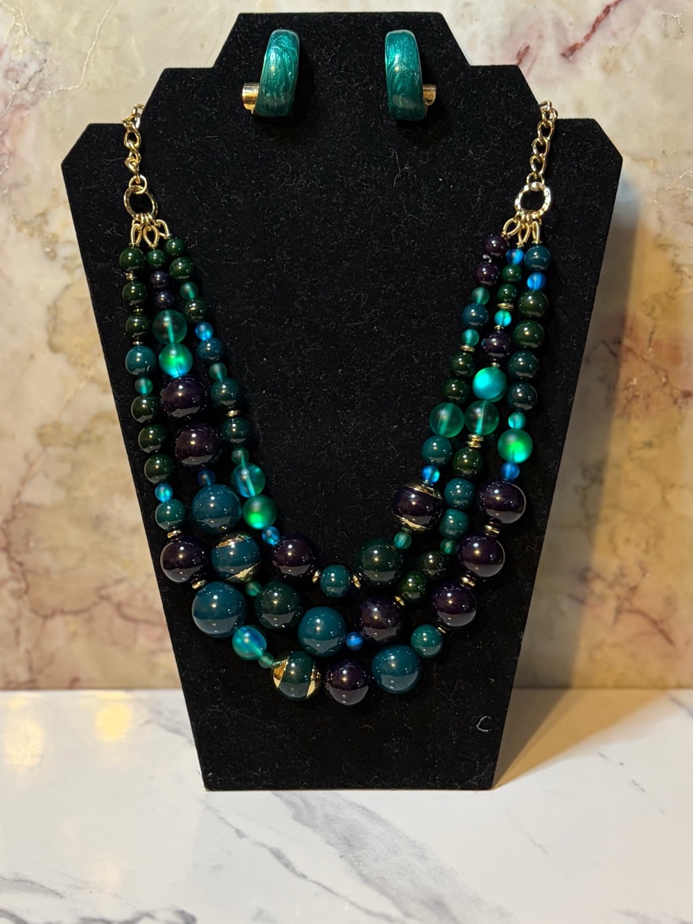 Talbots Layered Beaded Necklace and Matching Vintage Teal Earrings